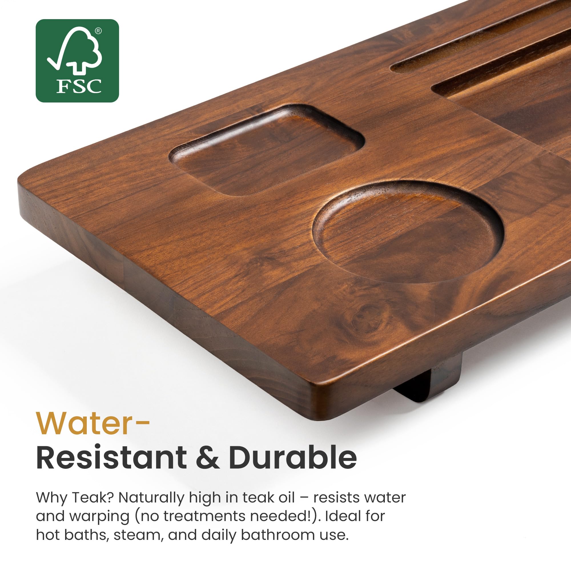 Bandeja de bañera de madera de teca, bandeja de bañera ajustable de 35 pulgadas para bañeras independientes, con soporte antideslizante para teléfono y copas de vino, soporte para libros para baño
