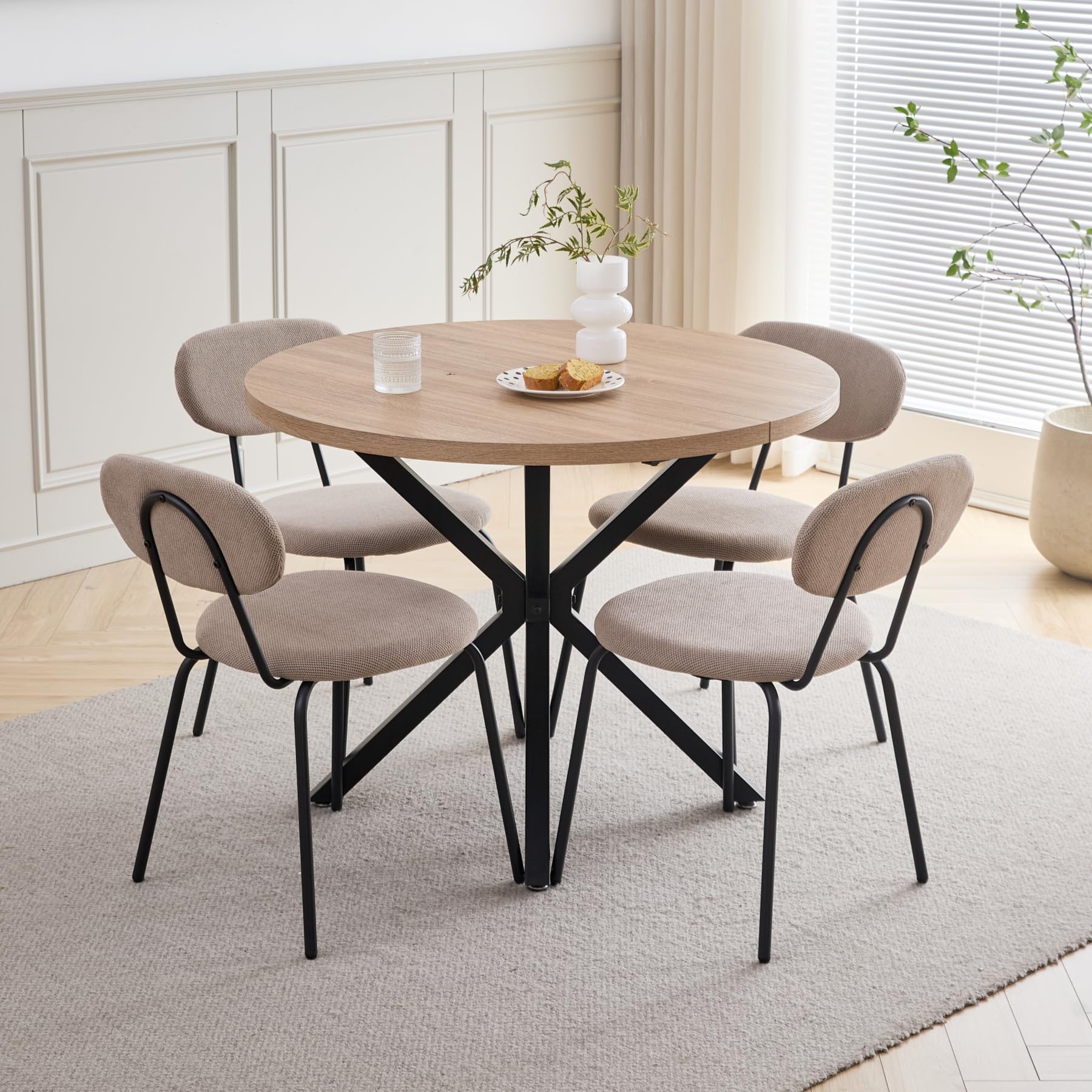 Set di 4 Sedie per Tavolo da Pranzo, Tavolo da Pranzo Rotondo in Legno da 100 cm, Sedie Moderne Impilabili per Sala da Pranzo, Cucina, Soggiorno (Chiaro + Kaki)