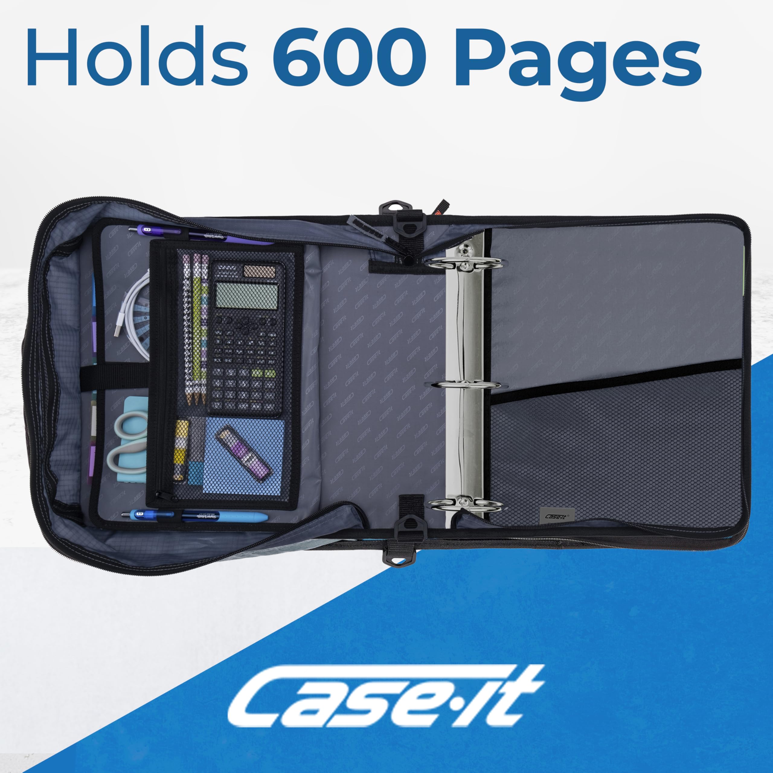 Case-it La carpeta Print Mighty Zip Tab Cremallera - Juntas tóricas de 7,5 cm - Carpeta de archivos de expansión de 5 colores - Múltiples bolsillos - Capacidad de 600 hojas - Viene con correa para el