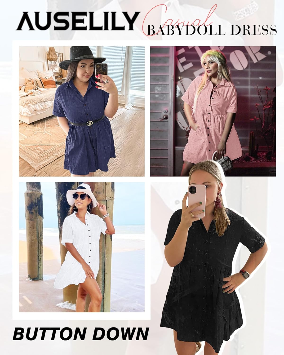 AUSELILY Women's Summer Babydoll Dress Casual Short Sleeve Sundress Button Down Dresses with Pockets - Image 7