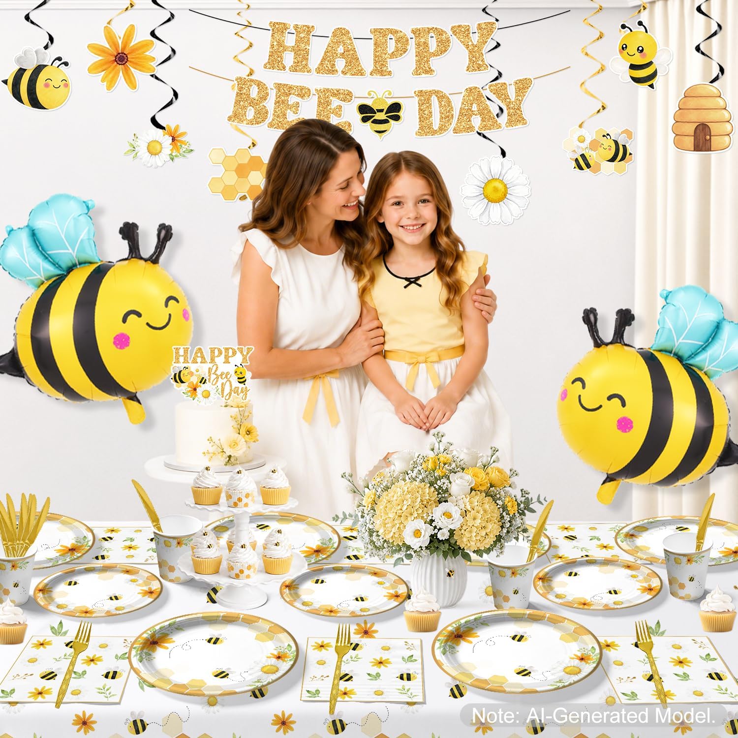 191Pcs Bee Birthday Party Decorations Tableware Set, 25 Serves | No assembly disposable plates and napkins set, cake topper, centerpieces, banner, tablecloth, for bee party decor