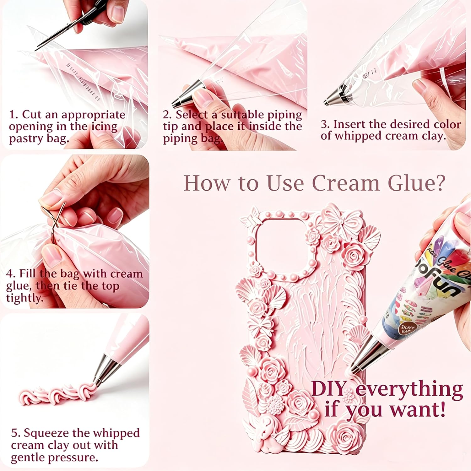 BoFUN Decoden Cream Glue Charms Kits, Whipped Cream Glue Clay for Crafts | DIY Phone Cases Kit Craft for Jewelry, Mirrors & Scrapbooking - Cartoon Charms with Piping Tips (Pink/White)
