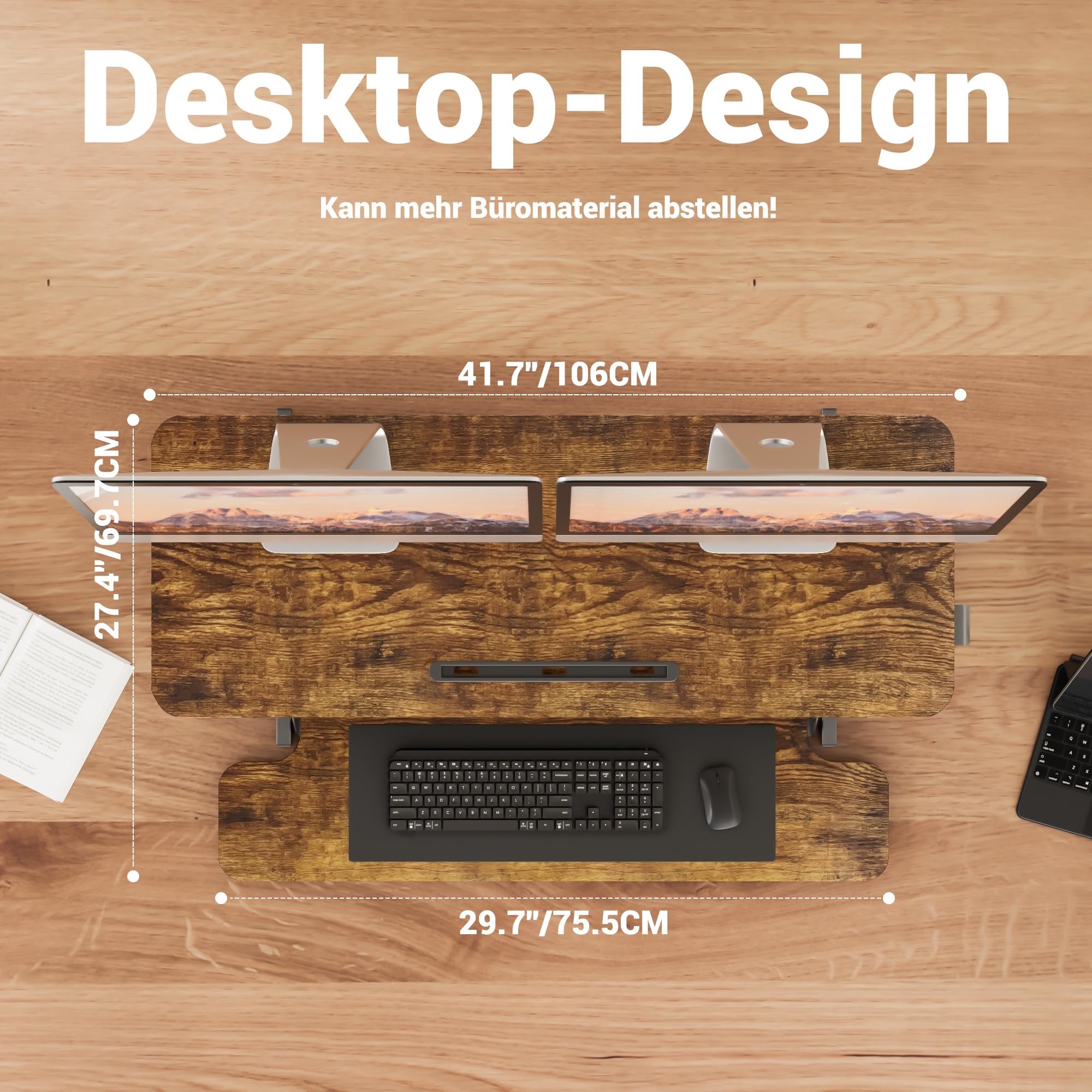 ERGOMAKER Steh-Sitz Schreibtischaufsatz Höhenverstellbar, Stehpult Aufsatz Schreibtisch 106 X 40CM Desktop Erhöhung mit Tastaturablage Für Zwei Monitore,Rustikales Braun