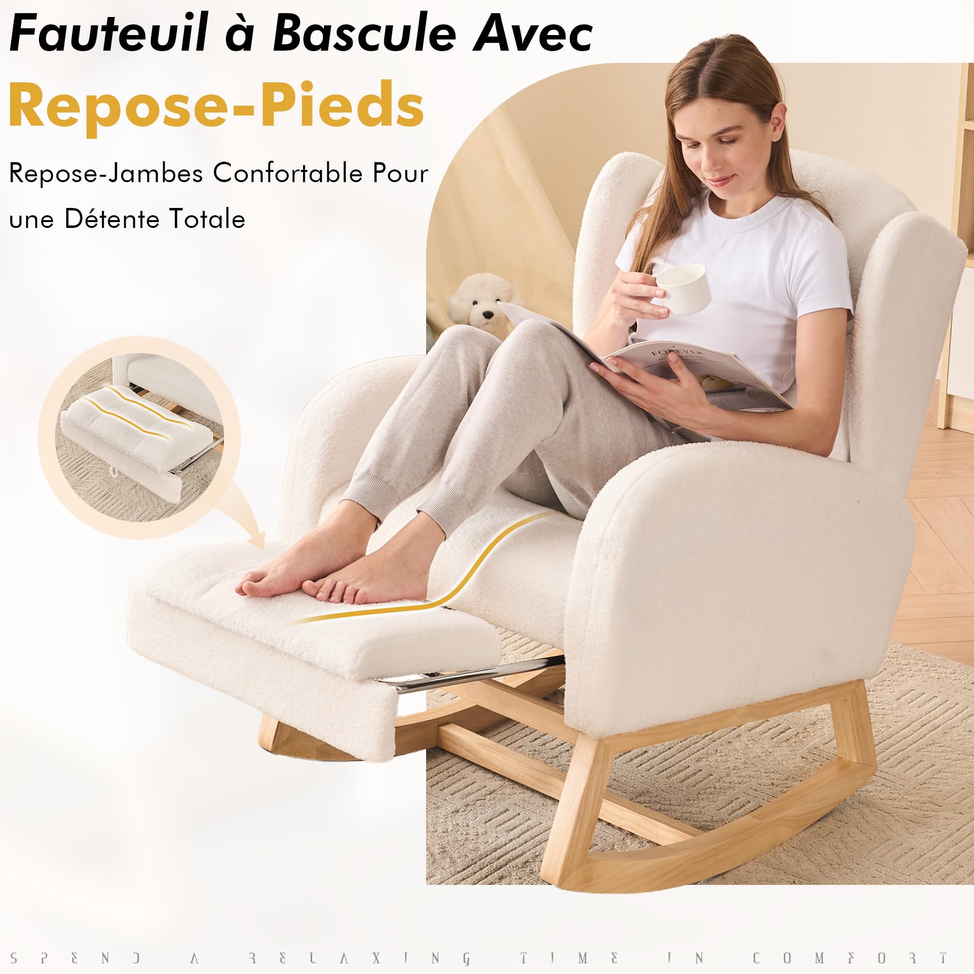 DEKKETO Fauteuil à Bascule avec Repose-Pieds - Rocking Chair Allaitement à Dossier Haut et Poche, Chaise a Bascule à Oreilles en Bouclette, pour Salon, Chambre Bebe, Blanc