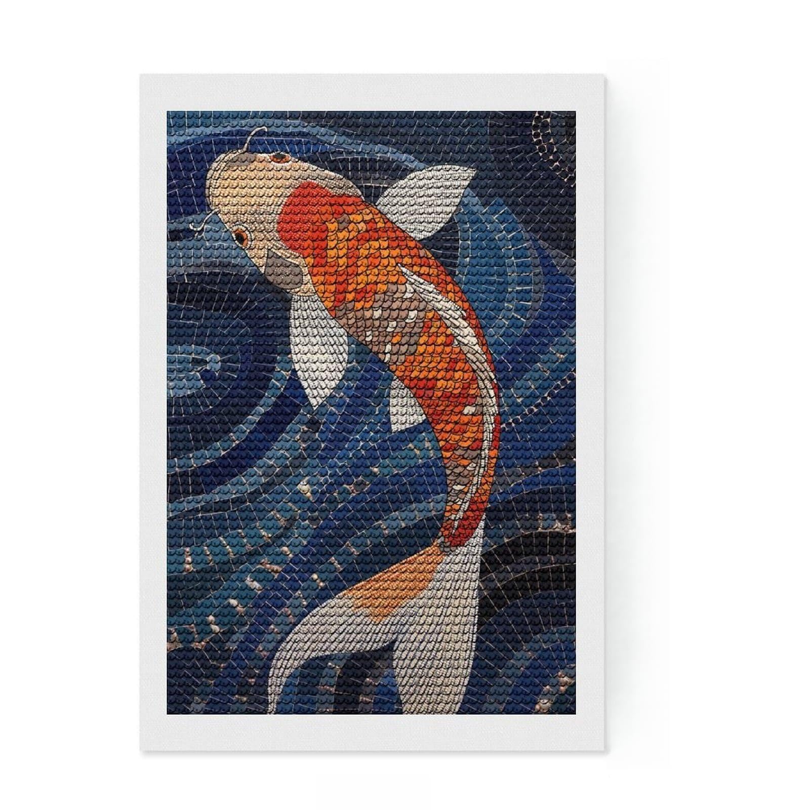 Junmoney Koi Fish Mosaic Art Full Drill Diamond Painting Kit 8"x12", Good for Quiet Evenings, Fun Craft Experience, Living Room Decor, Gift Idea