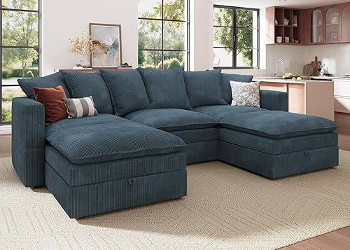 Miniatura 24 de HONBAY Sofá modular seccional, sofás seccionales de pana para sala de estar, sofá en forma de U con almacenamiento, color verde