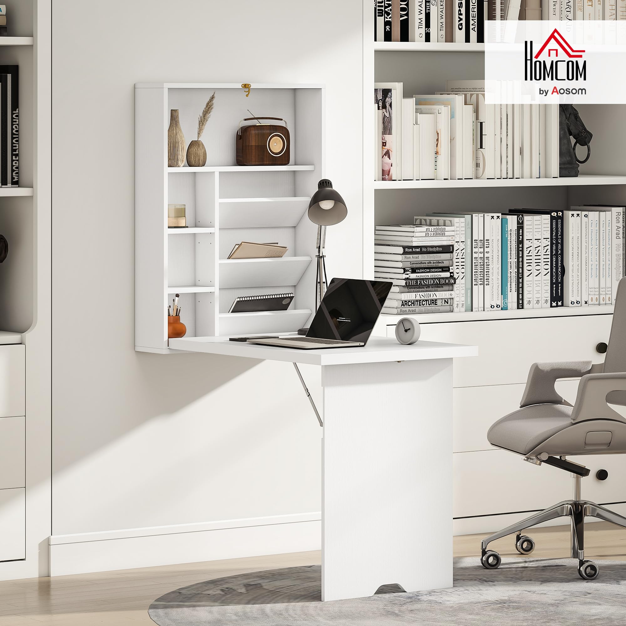 HOMCOM Bureau Pliable Mural avec étagères de Rangement, Bureau Rabattable, Table Murale Pliante, Gain de Place idéal pour Salon, Salle à Manger, Petit Espace, Blanc
