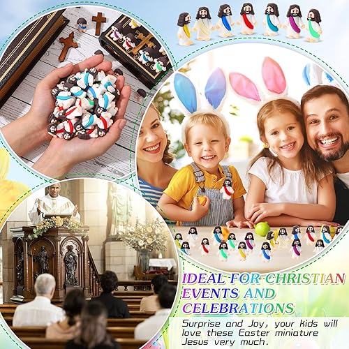 Vista 22 de Sumind 50 figuras de Jesús de diseño original, milagro, mini bolsillo para esconderse y buscar, relleno de huevos de Pascua, regalos de fiesta Azul
