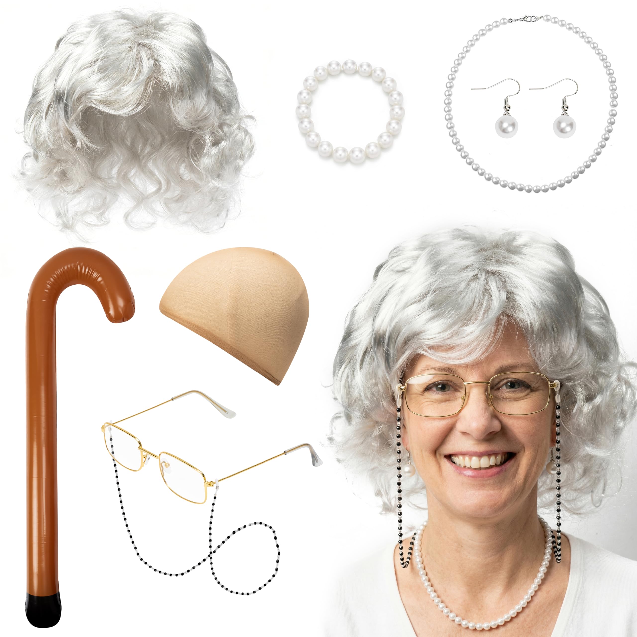 9Pcs Old Lady Fancy Dress Costume Set including Grey Granny Wig Cap Pearl Necklace Earrings Bracelet Glasses on Chain Inflatable Cane Grandma Dress for Halloween Carnival World Book Day Masquerade Cosplay