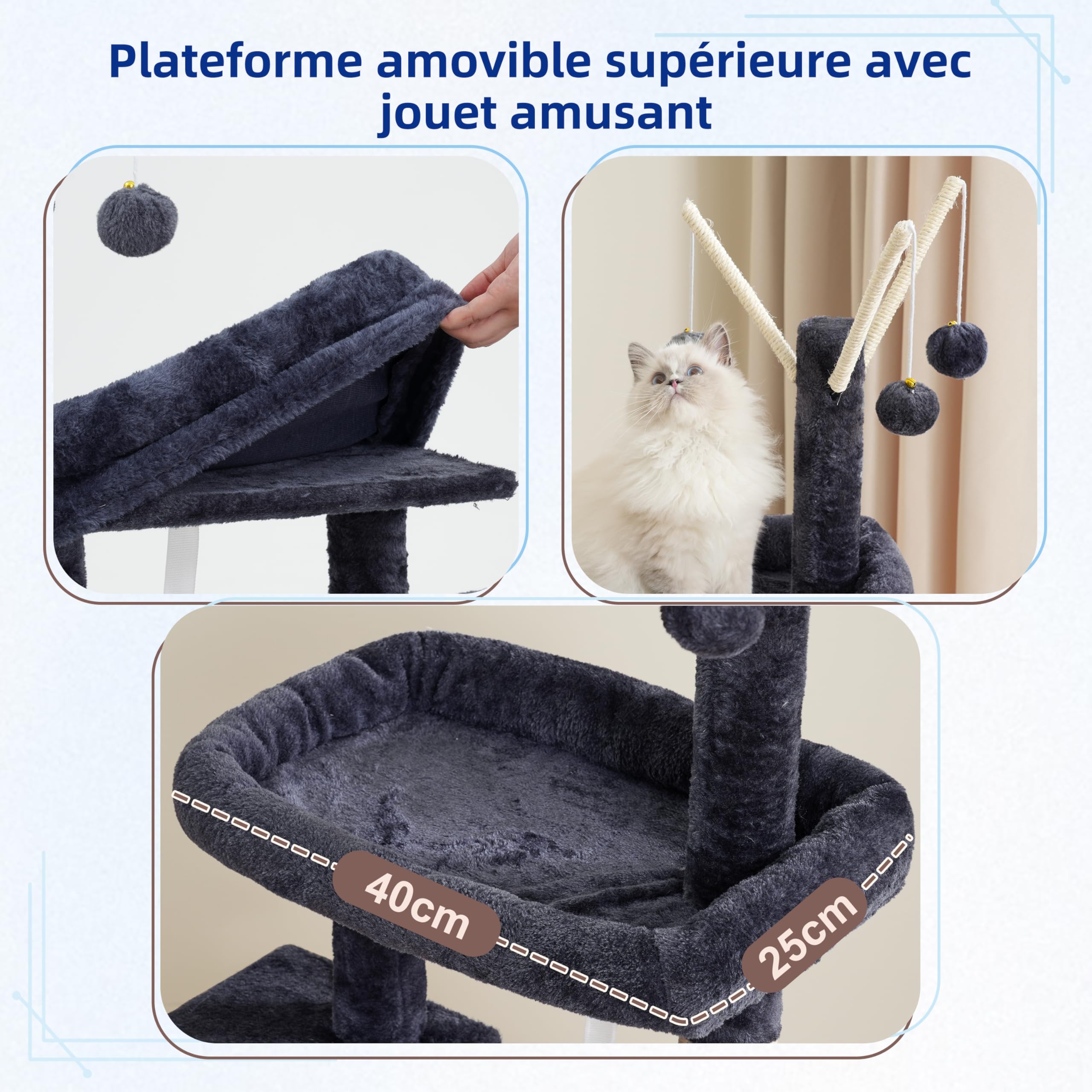 Gitelsnour Arbre à Chat Interieur, Tour de Jeux pour Chats, Tour Chat avec Griffoirs, Plateforme supérieure Amovible, Poteaux à Griffer, Hamac, Pompons, Niches, Gris foncé GCT006SG