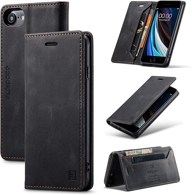 TOHULLE for iPhone 6 iPhone 6S iPhone 7 iPhone 8 iPhone SE 2020 iPhone SE 2022 Case, Vintage Wallet Case Card Holder Kickstand Built-in Magnetic Flip Folio Leather Case for iPhone 6/6S/7/8/SE - Black