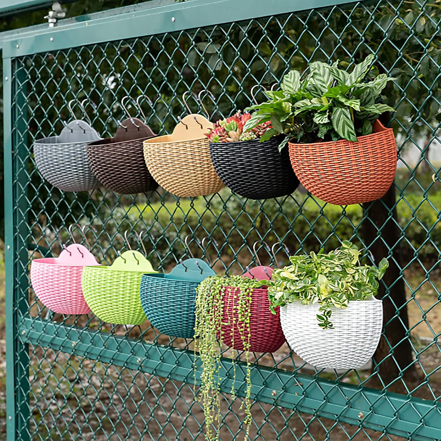 Hanging Planter Pot, Wall and Railing Hanging Planters with S Hooks, Half Round Imitation Rattan European Style Wall Flowerpot Rustic Decorative Flower Basket for Home Balcony(#26 * 20.5cm Wine red)