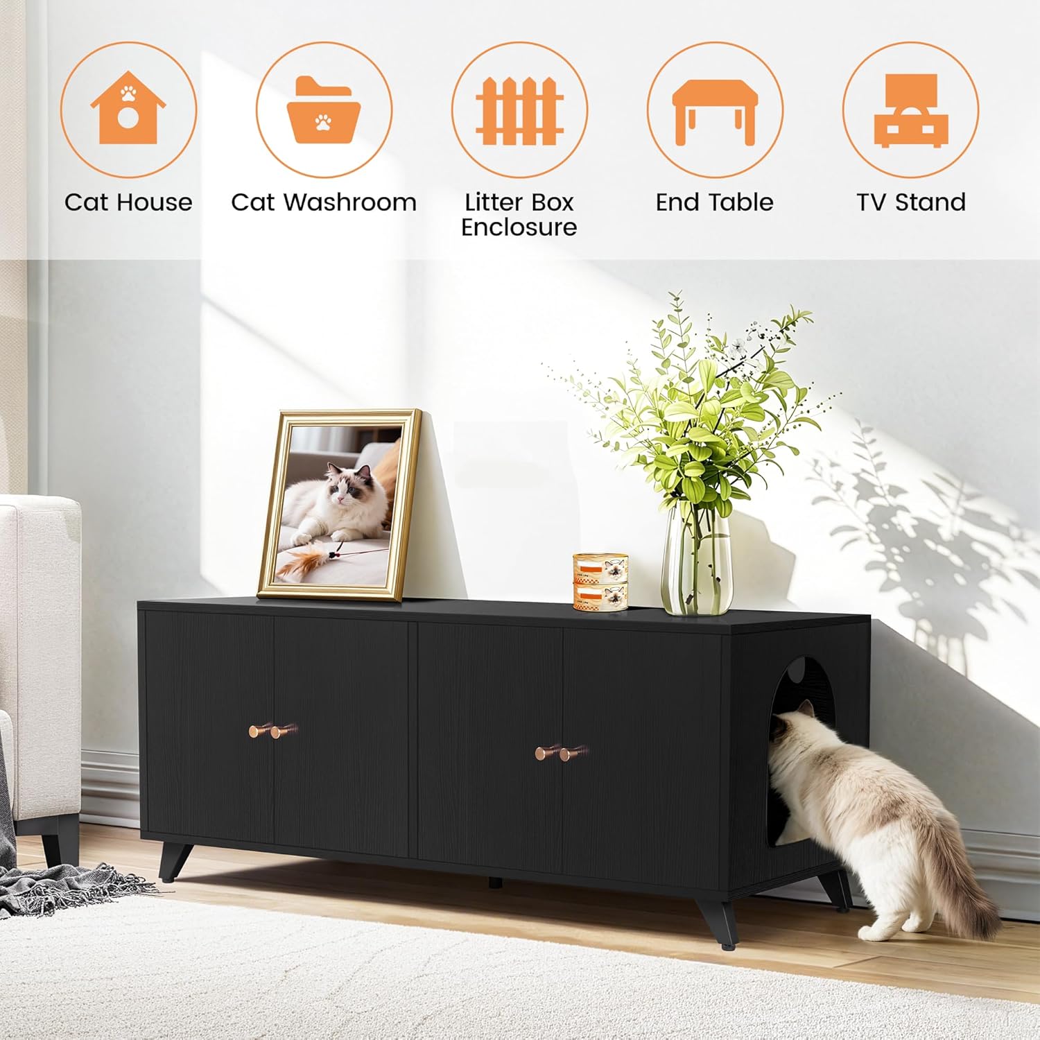 Double Cat Litter Box Enclosure for 2 Cats, Hidden Litter Box Furniture with Double Room Side Entrance, Modern Indoor Cat House Wooden Washroom Furniture (Black)