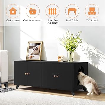 Double Cat Litter Box Enclosure for 2 Cats, Hidden Litter Box Furniture with Double Room Side Entrance, Modern Indoor Cat House Wooden Washroom Furniture (Black)
