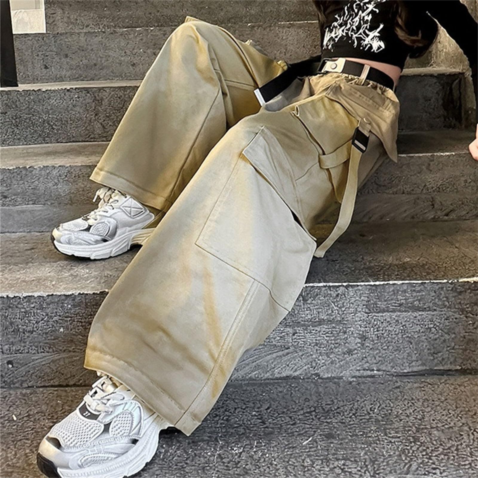 Pantalon cargo hip-hop pour filles - Taille haute - Plusieurs poches - Pantalon ample pour l'école - Taille élastique - Style décontracté - Esthétique et tendance, kaki, 11-12 ans
