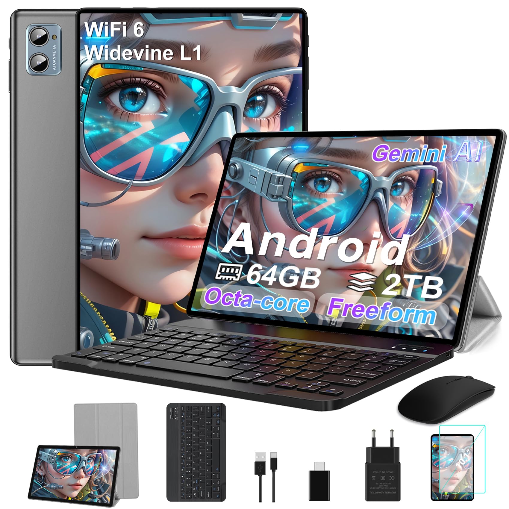 2026 Tablette 10 Pouces Android 15, Octa-Core, 64 Go de + 2 to TF | 5G + Wi-FI 2,4 GHz | GMS | Bluetooth 5.0 | 8 MP + 5 MP | Port Type-C, Tablette Tactile avec étui, Clavier et Souris - Gris