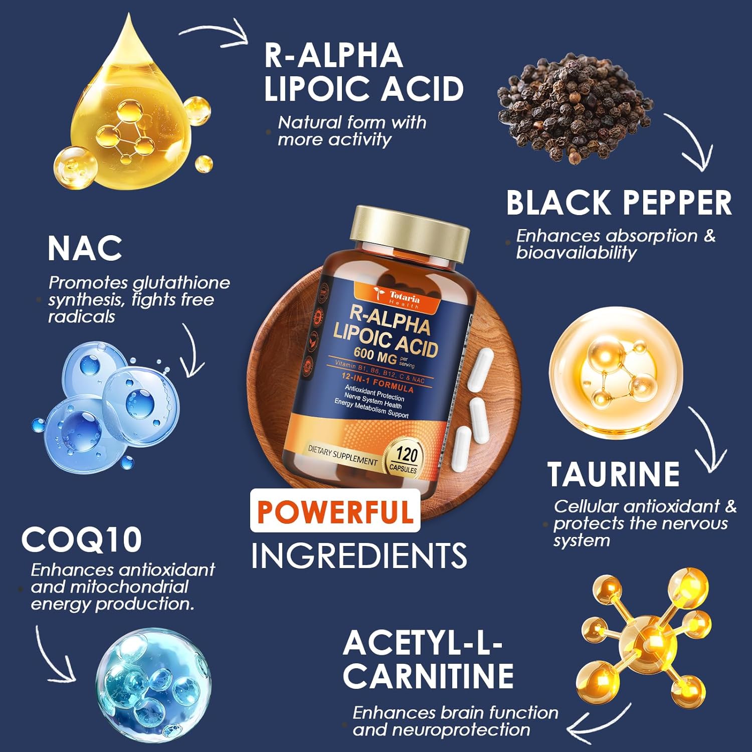 Totaria Alpha Lipoic Acid 1000mg + R Lipoic Acid 600mg - ALA Supplement Antioxidant for Neuropathy Support Nerve Health