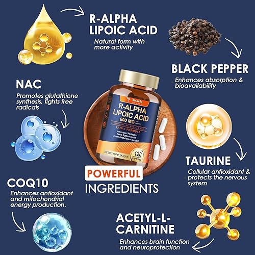 Miniatura 3 de Totaria Ácido alfa lipoico 1000 mg + R ácido lipoico 600 mg  Suplemento ALA antioxidante para neuropatía, apoyo a la salud nerviosa