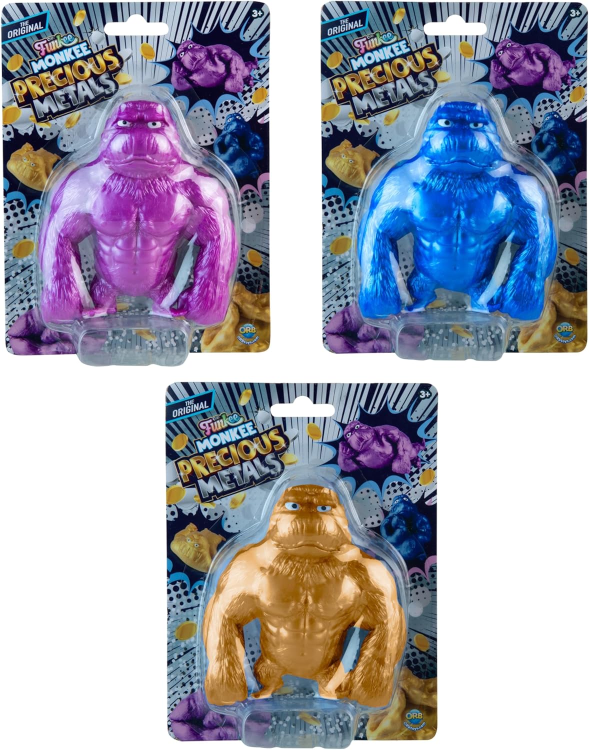 ORB Mega Precious Metals Funkee Monkee 3 Pack - Metallic Colored Stretchy, Squishy, Funny Monkeys - Perfect to Squeeze for Stress Relief - Fun Collectible Sensory and Fidget Toys for Kids and Adults