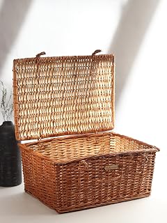 Habere India-All The Cultures Fabricating India Wicker Storage Basket with Lid | Lid Basket for Shelf Organiser | Wardrobe Baskets | Gift Hamper Box | Toy Organiser Box (Medium - L42 x W31 x H20 cm)