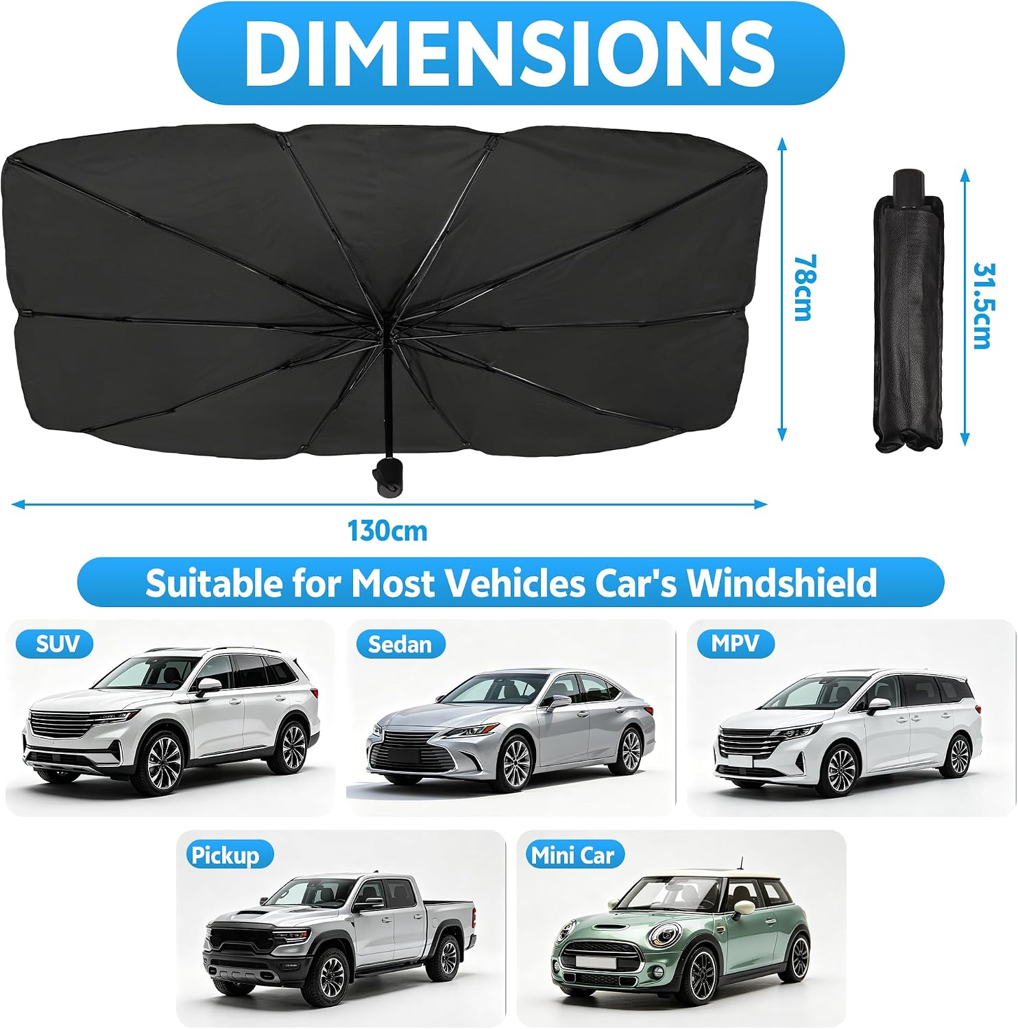 [2026 Upgrade] Windshield Sun Shade Umbrella, Foldable Car Front Window Sunshade with Titanium Silver Coating, Blocks UV Rays & Heat Insulation, Keeps Car Cool, Fits Sedan Truck Pickup SUV RV