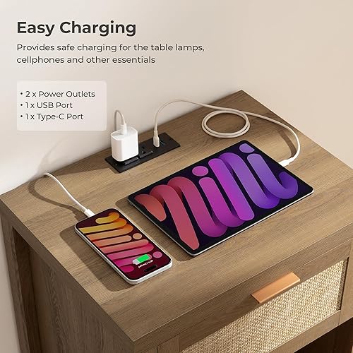 Miniatura 5 de SICOTAS Mesita de noche de ratán con estación de carga, mesita de noche de granja con puertos tipo C y USB, mesa auxiliar de cama bohemia con cajón