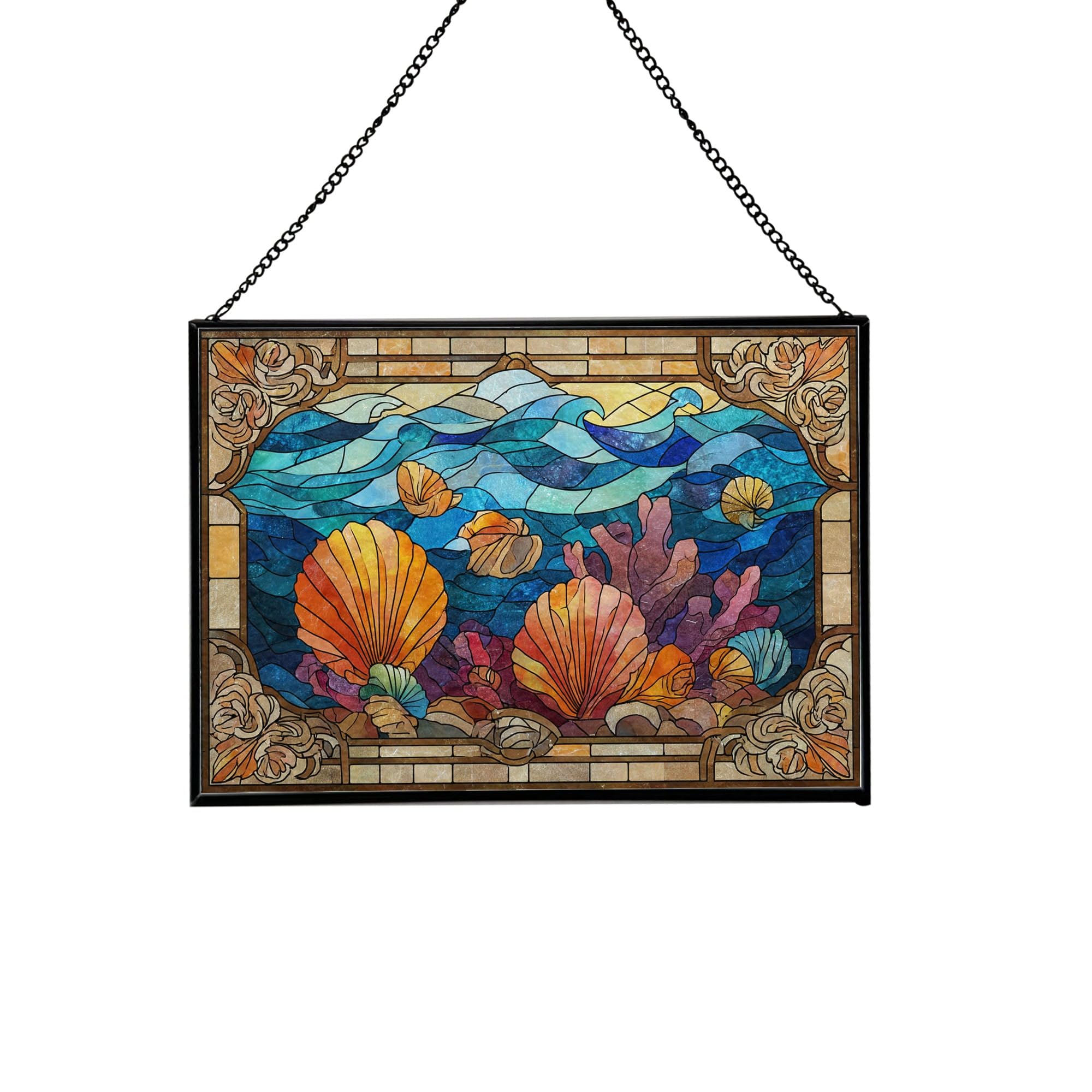Seashells and Coral Beneath Breaking Wave Rectangular Stained Glass Suncatcher – Hanging Window Panel with Animal & Nature Scene – Vibrant Glass Art Gift for Wildlife, Fantasy, Nature Lovers azpQXP