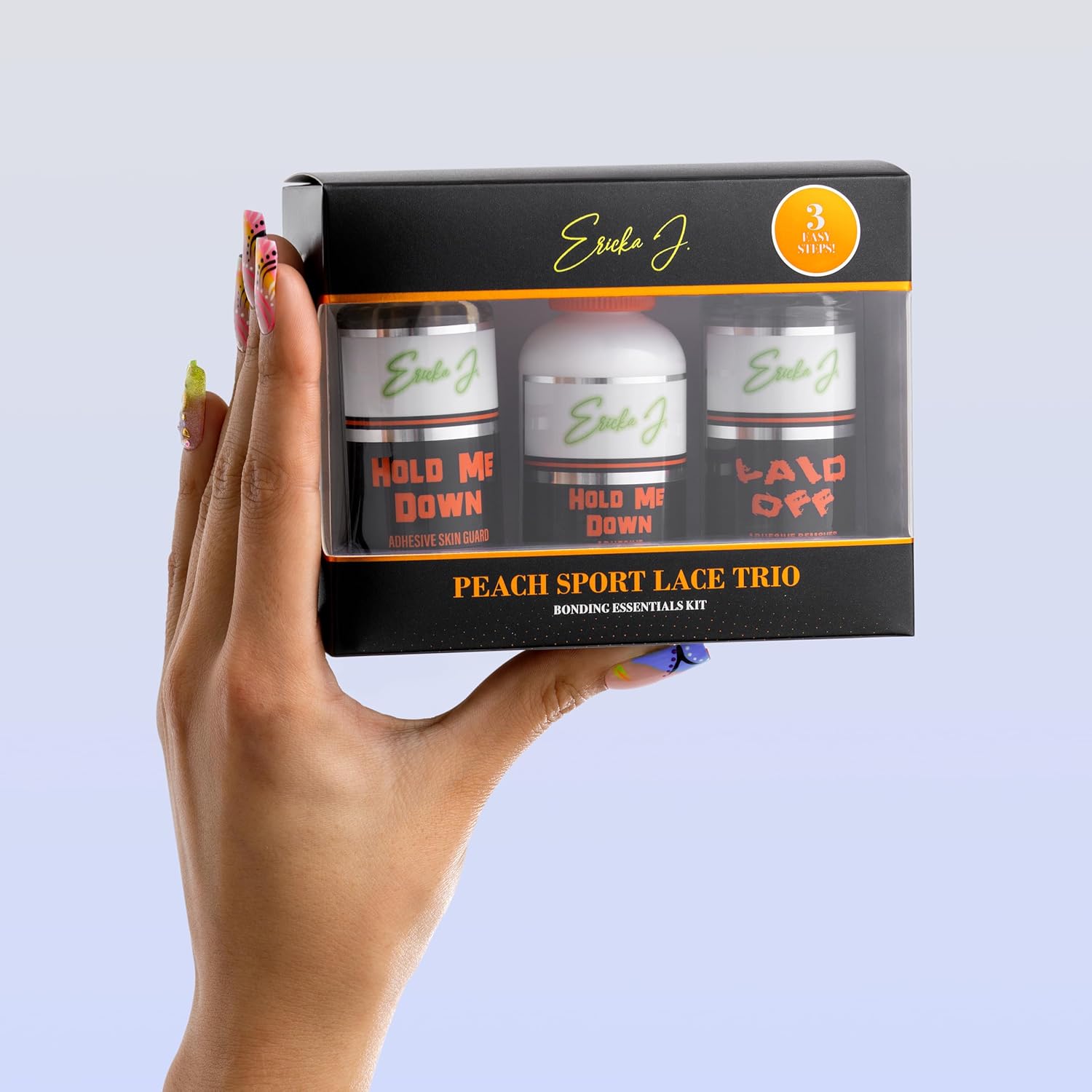 Ericka J. Peach Lace Application System Trio Kit – Skin Guard, Hold Me Down Adhesive & Laid Off Adhesive Remover – Complete Wig Installation Solution, Waterproof & Sweat Resistant