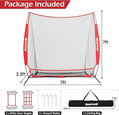 Miniatura 6 de Red de béisbol Bearwill, red de lanzamiento de 7x7 pies para béisbol y sóftbol con gran sistema de recolección de bolas, red de golpeo y bateo con