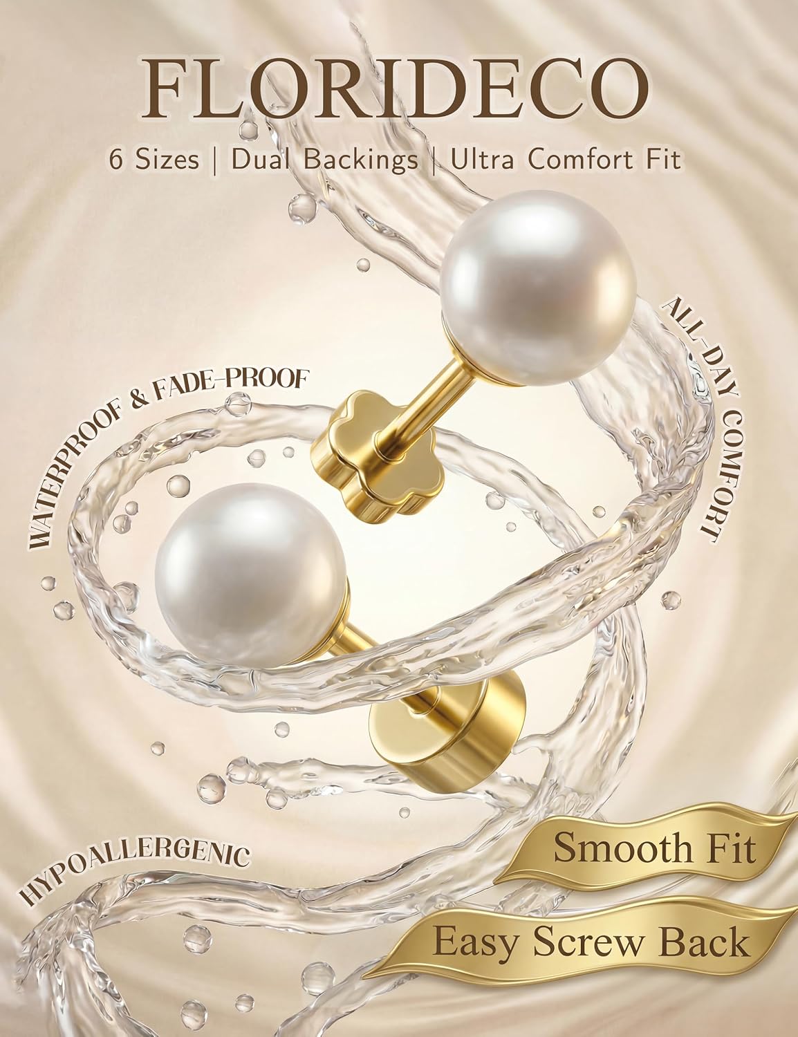 Florideco 14K Gold Plated Pearl Earrings Stud for Women Hypoallergenic Small Stud Earrings Set Cartilage Piercing Bonus Plum Blossom Lightweight Shiny Flat Back Stud Earrings 3-8MM 6 Pairs