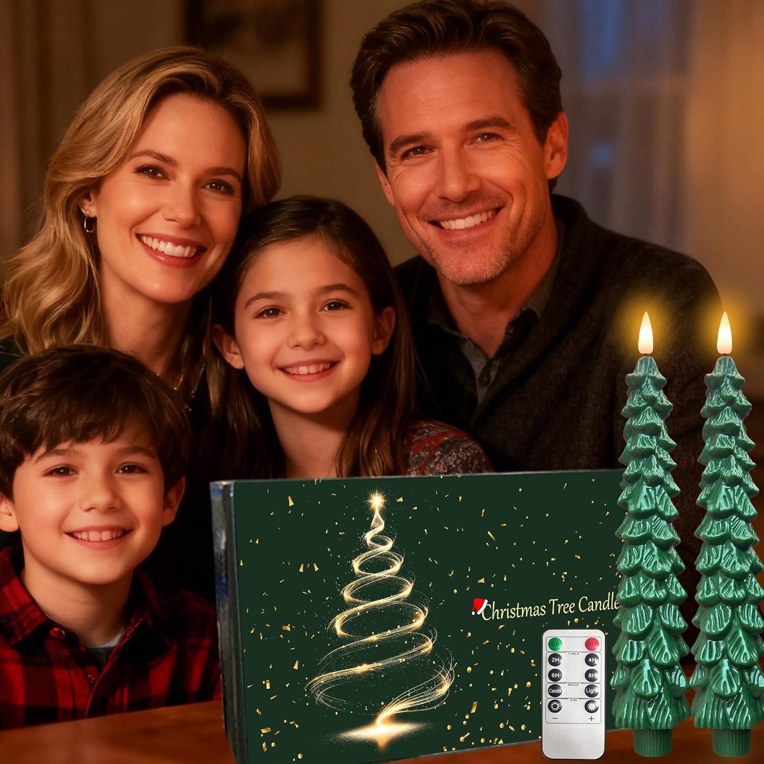 Christmas Tree Candles with Remote Timer, 1 Pcs 9.6" LED Flameless Taper Candles, Battery Operated Xmas Green Tree Shaped Candlesticks for Christmas Decorations Indoor