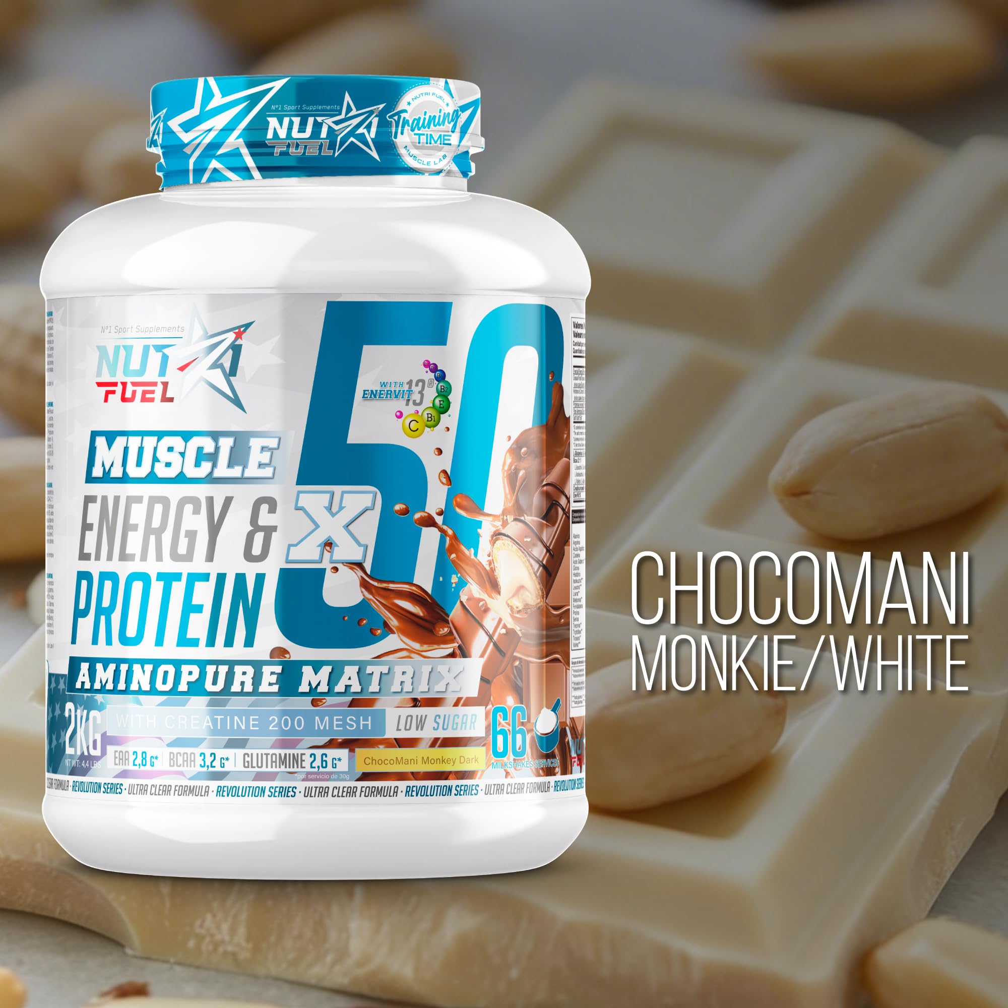 Proteína Whey Sabor ChocoMani White – Creatina + BCAA + EAA + Glutamina – Suplemento Deportivo – 2 kgAlta Energía, Recuperación Muscular, Suplemento Deportivo, Para Gym Fitness