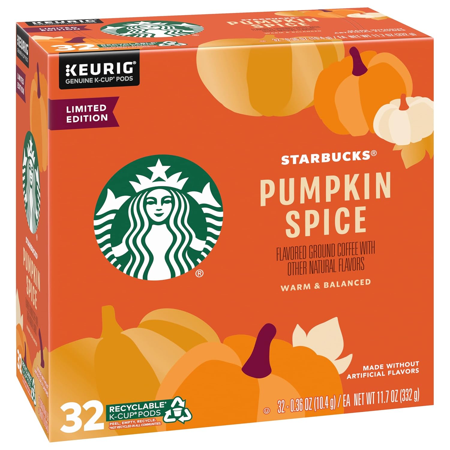 Starbucks Limited Edition Flavored Coffee K-Cups, Pumpkin Spice, Keurig Genuine K-Cup Pods, Made without Artificial Flavors, 32 CT K-Cup Pods/Pack (Pack of 3)