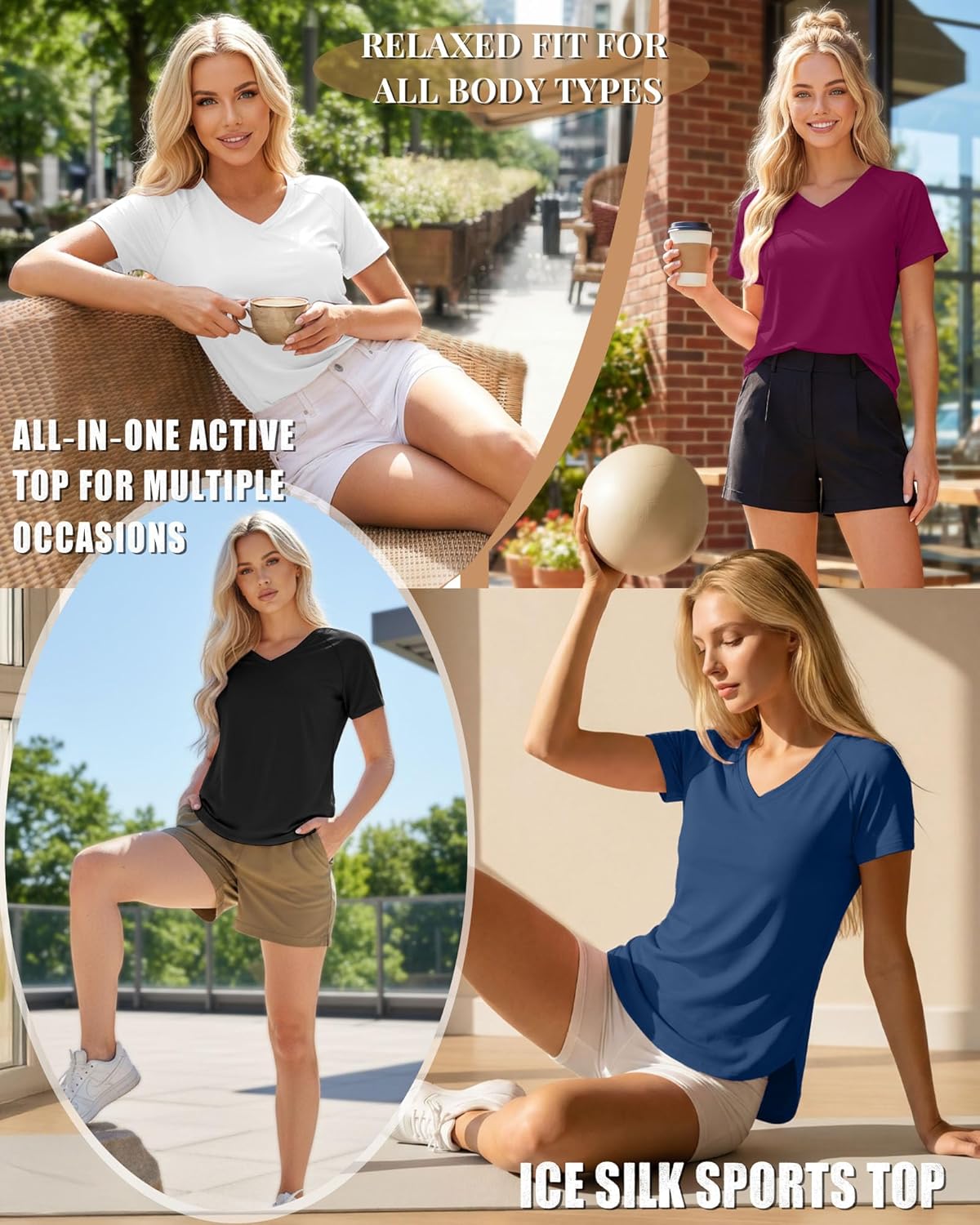 4 Pack Women's Short Sleeve Workout Shirts V Neck Slim Fit Blouses with Curved Hem Gym Yoga Activewear