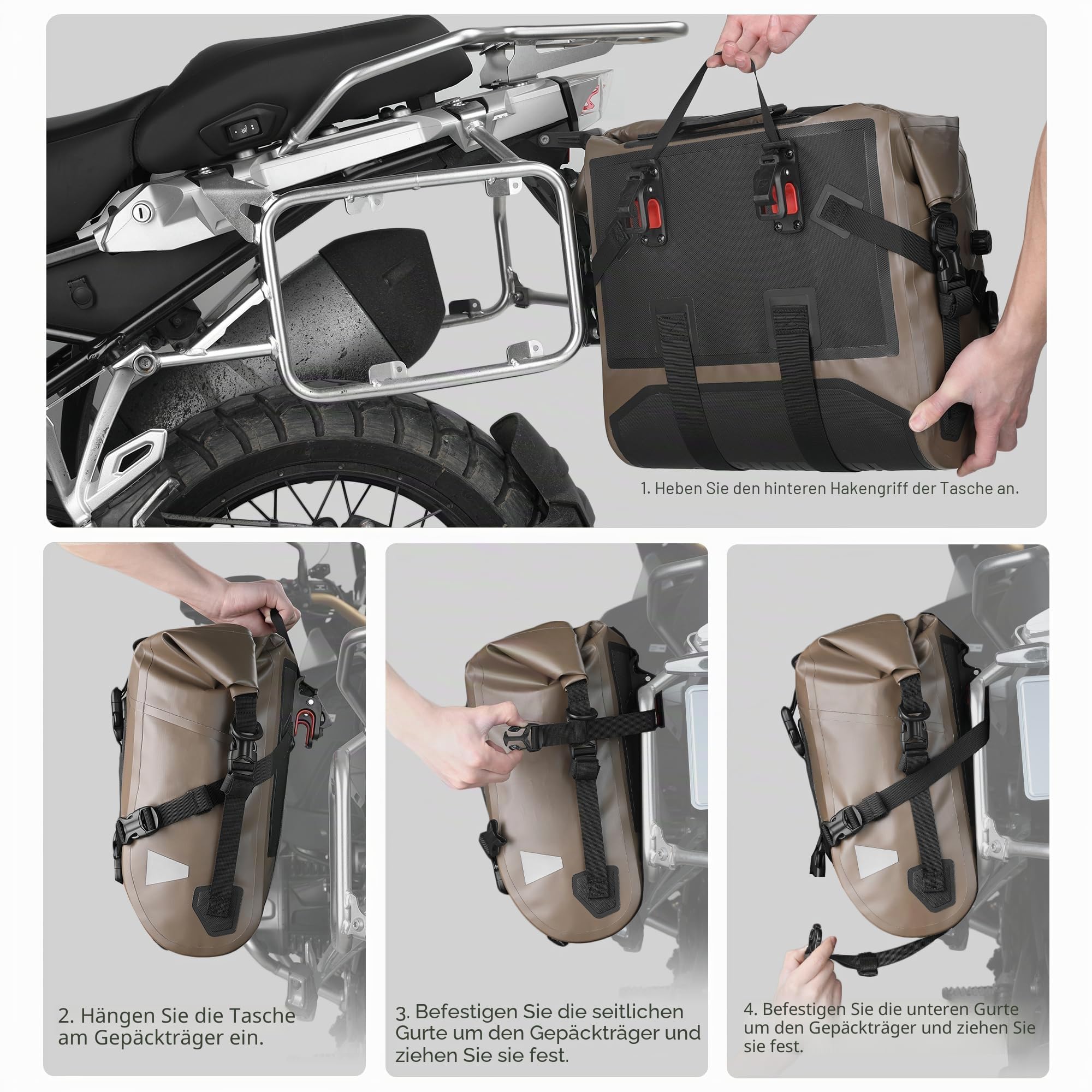 Motorrad Seitentasche Wasserdicht mit Schnellverschluss 24–42L Erweiterbare Motorrad Satteltasche für Gepäckträger Hecktasche Hinterradtasche
