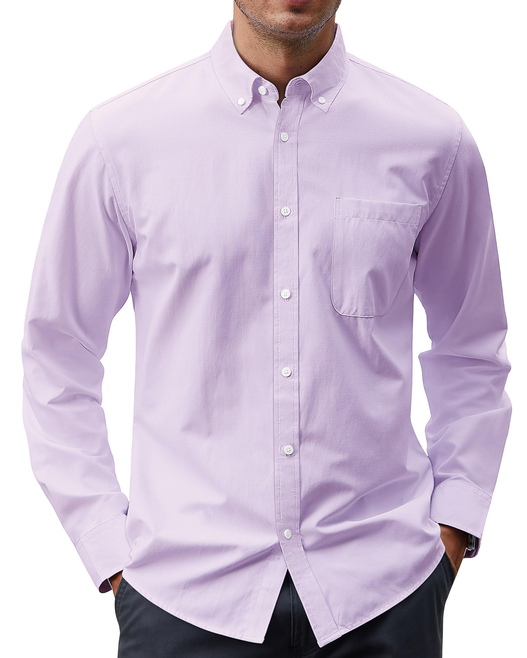 J.VER Men's Dress Shirts Solid Long Sleeve Stretch Wrinkle-Free Formal Shirt Business Casual Button Down Shirts, Purple, S