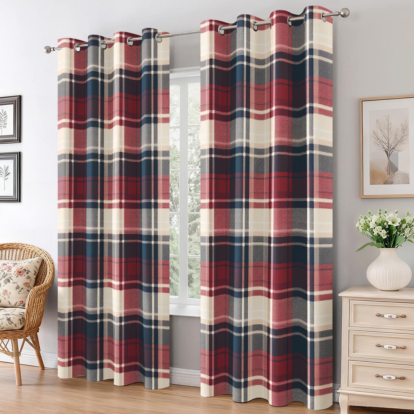 Tende oscuranti scozzesi scozzesi rosse e blu per camera da letto e soggiorno, 228,6 cm, con occhielli, 2 pannelli, elegante trattamento per finestre, decorazione per la casa, 117 x 228 cm, efficienza