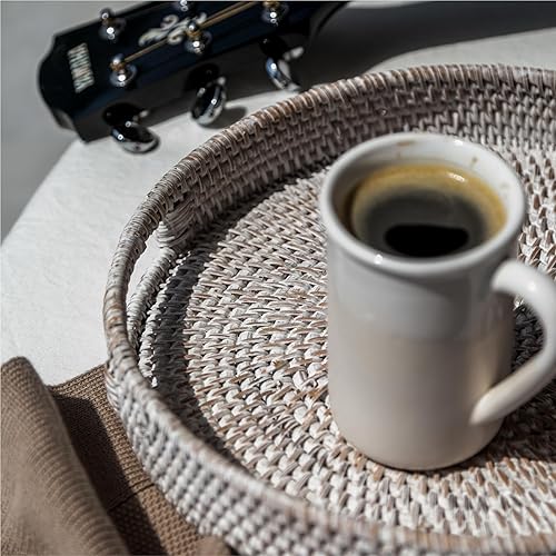 Miniatura 9 de Bandeja redonda de ratán para servir, moderna bandeja tejida con asas para mesa de comedor, sala de estar, decoración de patio, elegante bandeja de