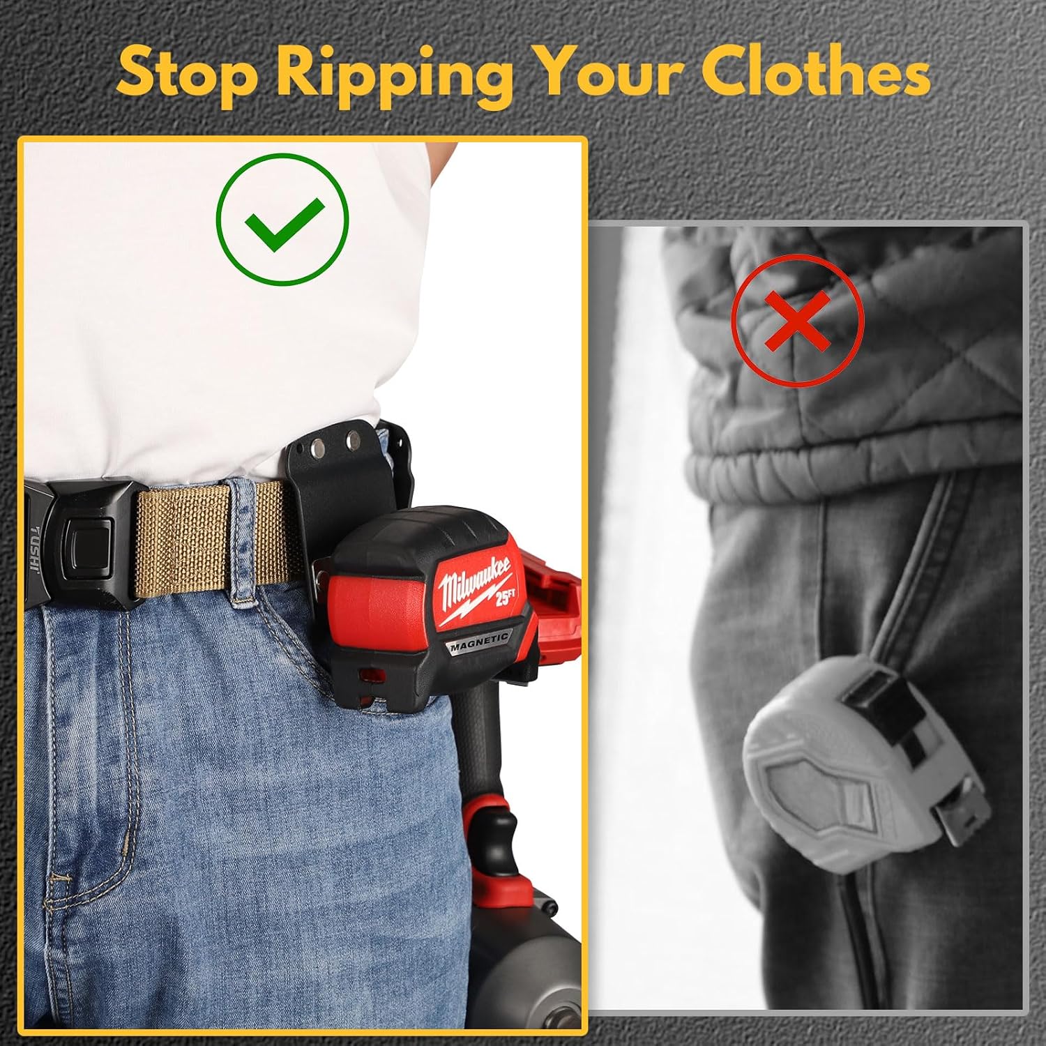 TapeGrip | Universal Brand Tape Measure Clip​ - Compatiple with Milwaukee/Stanley Tape Measure Holder for Belt | Compatiple with Craftsman, Makita, Ryobi | 2" Heavy-Duty Belt Hook