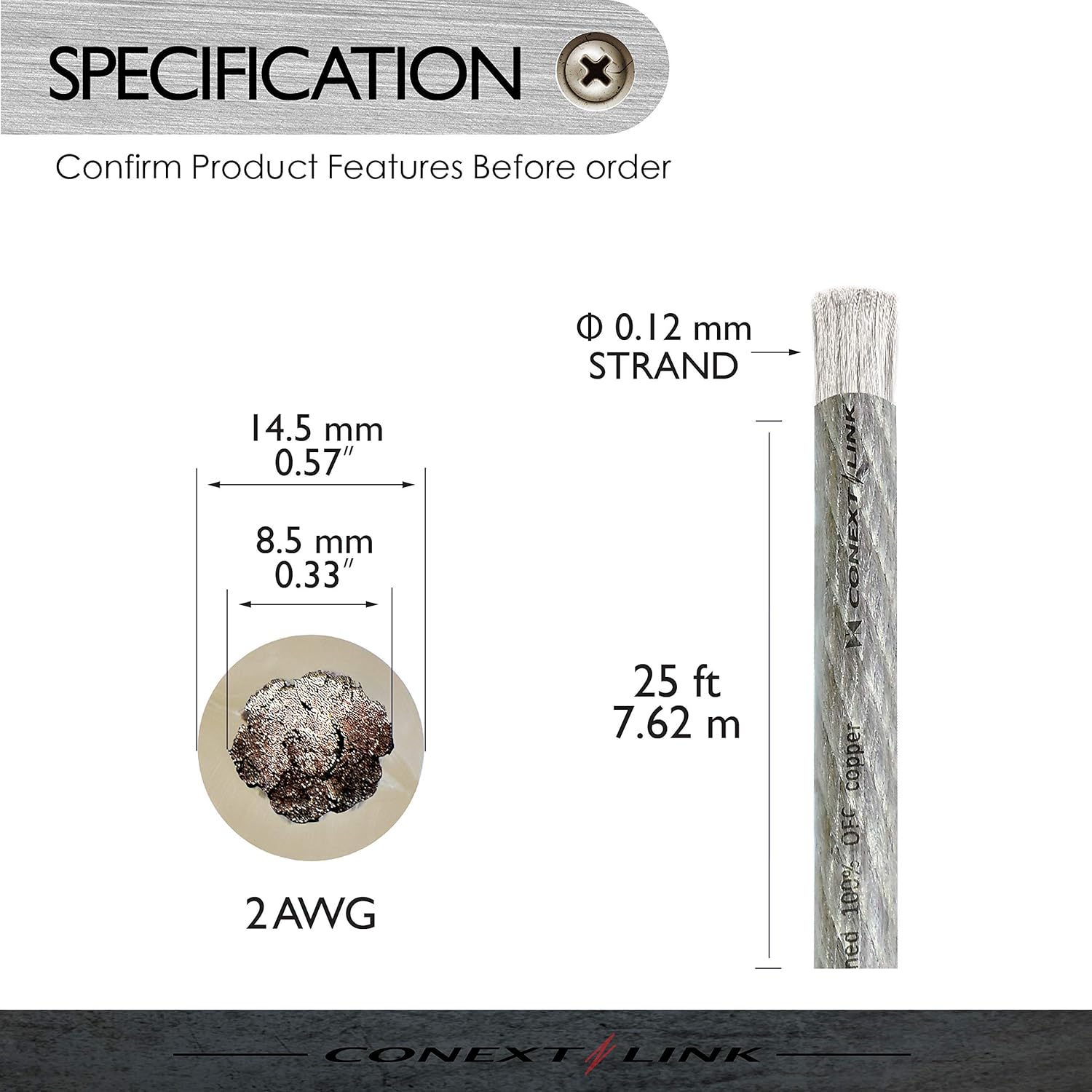 Conext Link 25 FT 2 AWG GA Full Gauge Battery Power Cable Ground Wire Clear Silver OFC Copper （10082）