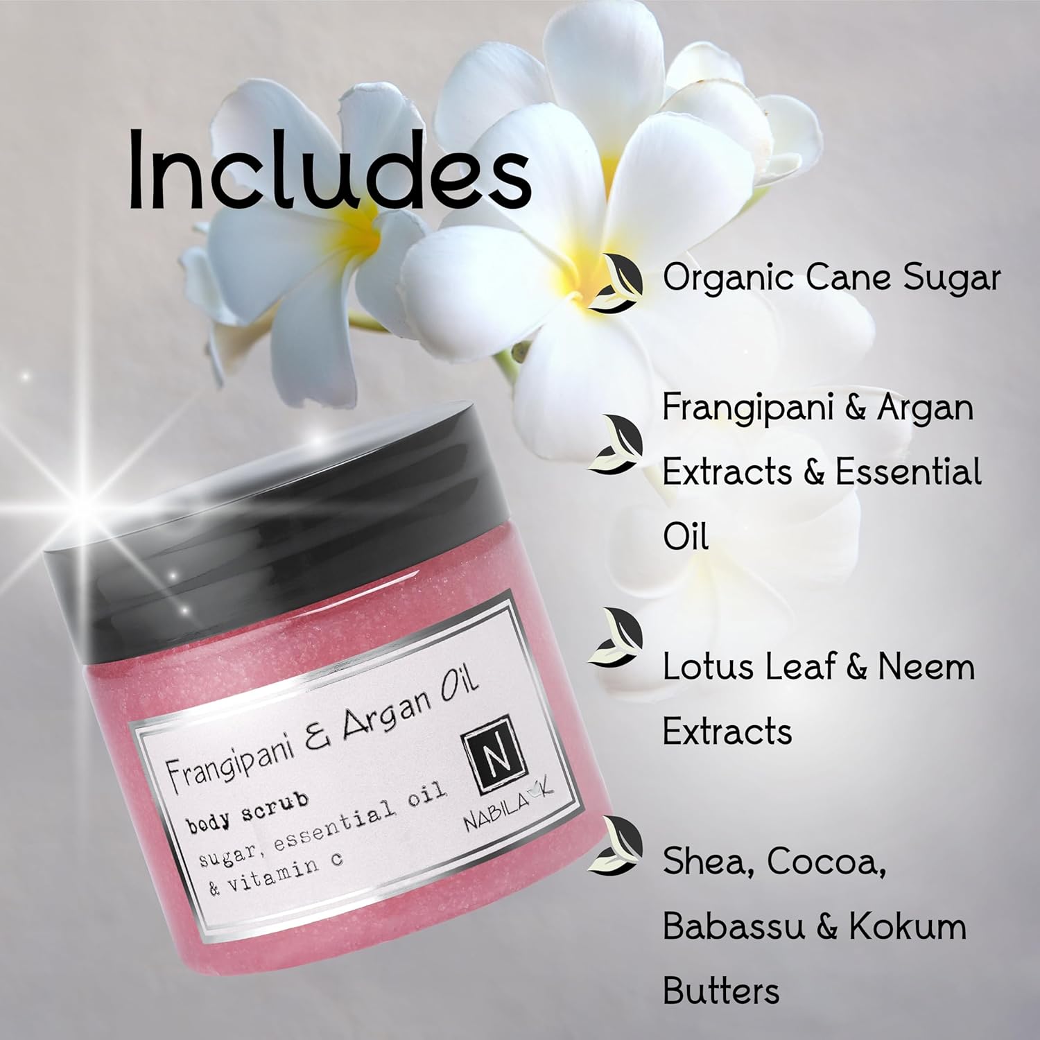 Nabila K Frangipani Argan Oil Body Scrub for Women & Men | Sulfate-Free, Cruelty-Free, Natural Exfoliant with Vitamin E and Vitamin C | Cane Sugar and Shea Butter | 10 oz