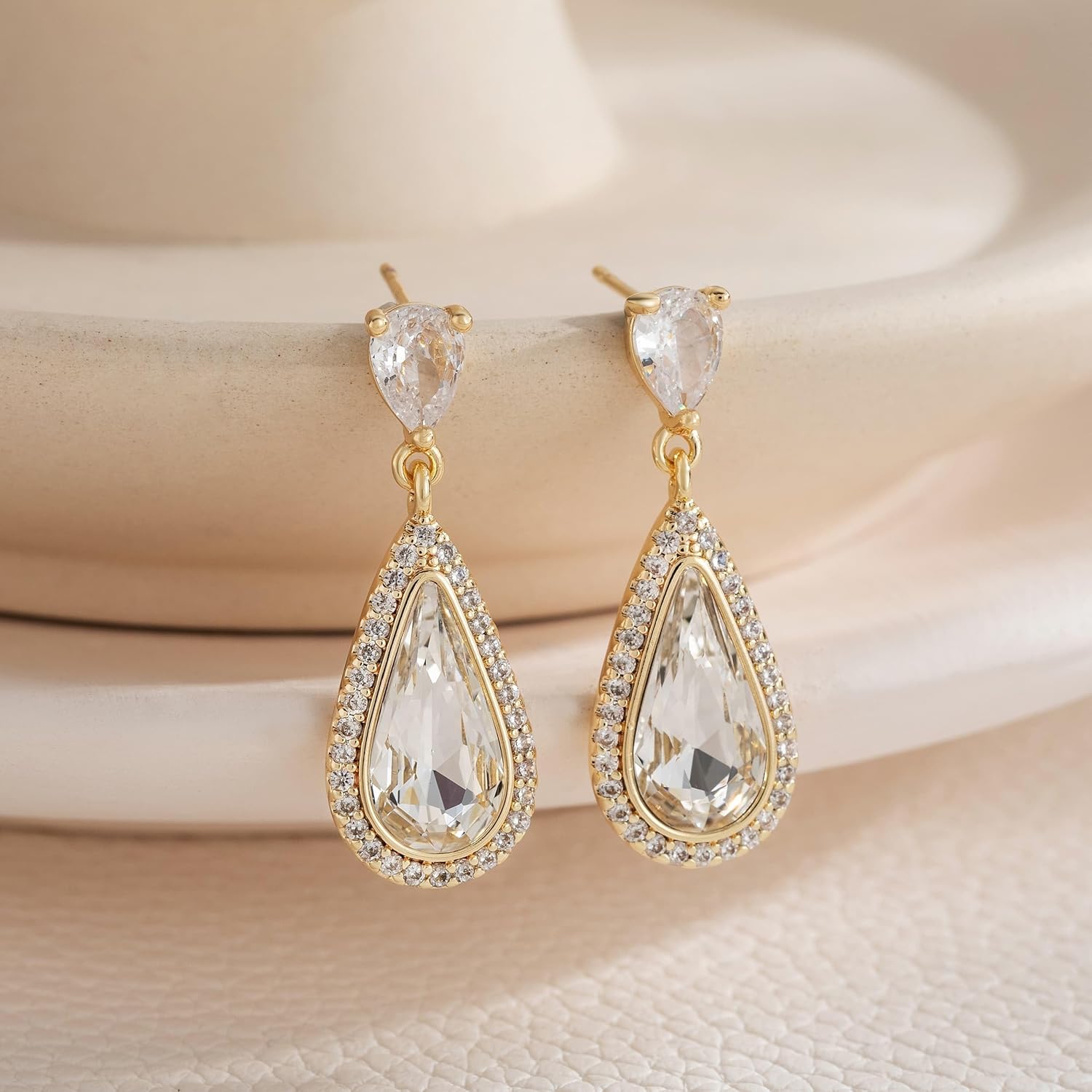 EVEVIC Austrian Crystal Halo Teardrop Dangle Drop Earrings for Women 14K Gold Plated Jewelry Gifts