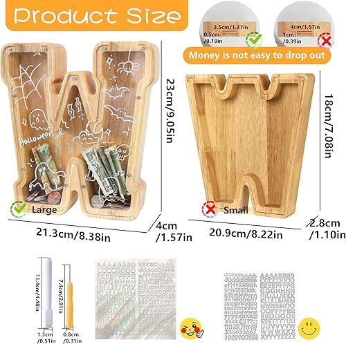 Miniatura 2 de Alcancía de madera grande con letras para niños y niñas, alcancías personalizadas de madera de la A a la Z con área objetivo, billetes del alfabeto