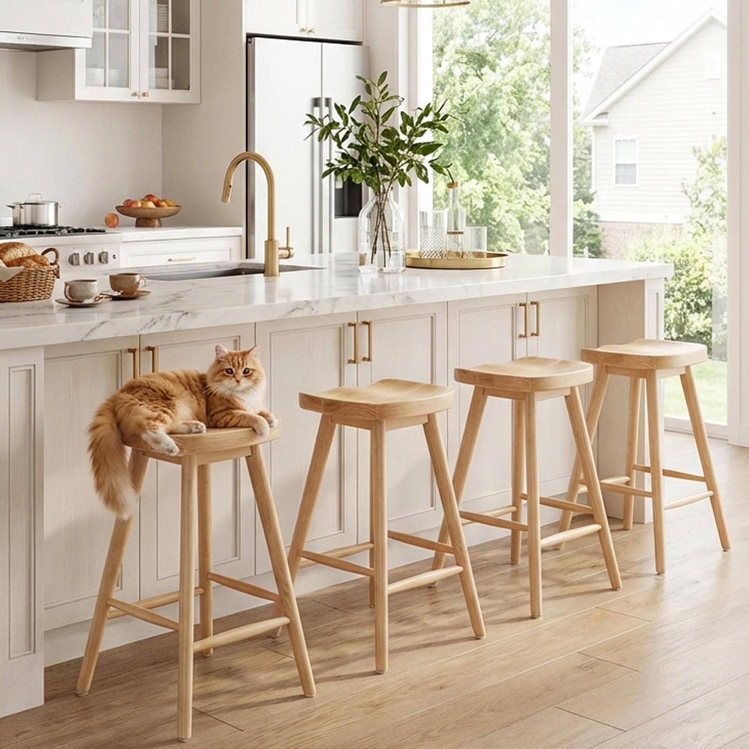 HNY Backless Counter Height Bar Stools Set of 2, 24’’ Rustic Farmhouse Wooden Saddle Stools Ergonomic-Seat Bar Chairs, Bar Height Barstools for Kitchen Counter Island, Natural