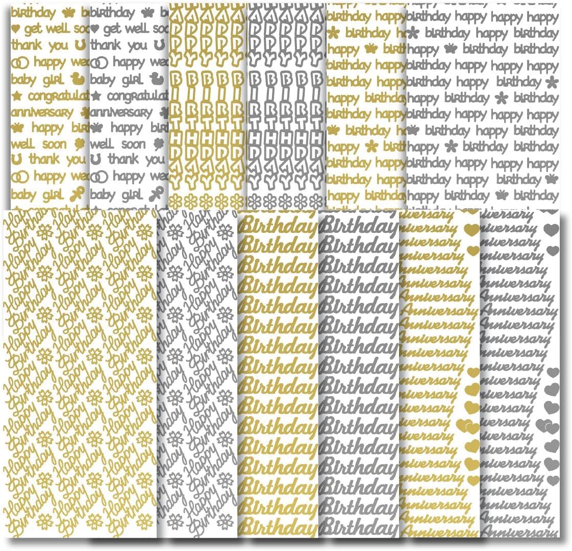 Multi-Colour Peel Off Stickers Bumper Value Pack – Gold & Silver Colour Textlines Craft Stickers With Caring Phrases, Ideal For Birthday Card Making, Scrapbooking & Diy Projects – 24 Sheets, 23 X 10 X 1Cm
