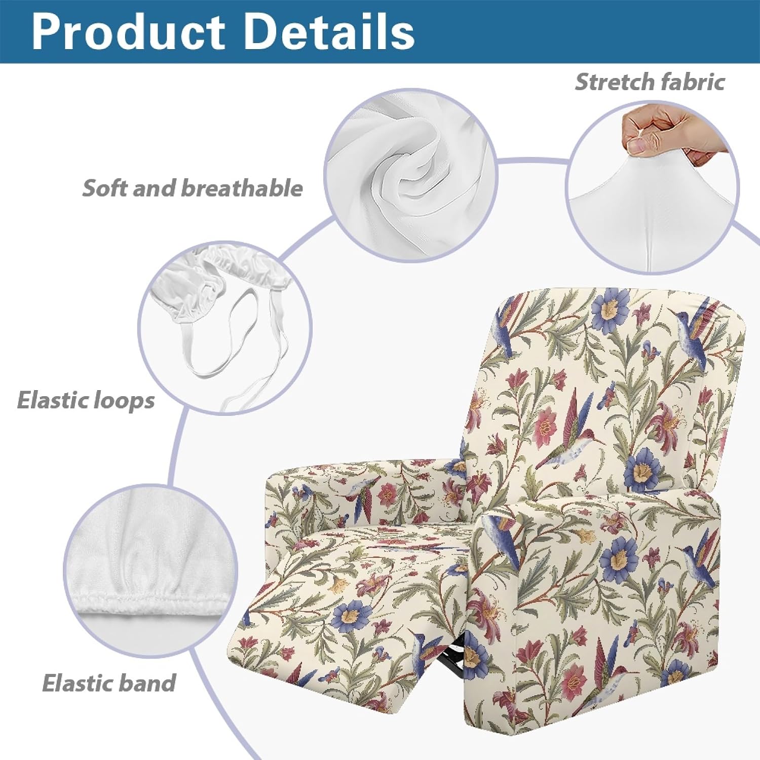 Hummingbird Vintage Floral Print 1 Seat Recliner Covers Stay in Place Recliner Chair Cover with Elastic Strap Lazy Boy Reclining Slipcovers Sturdy Sofa Slipcover for Kids, Cats, Dogs