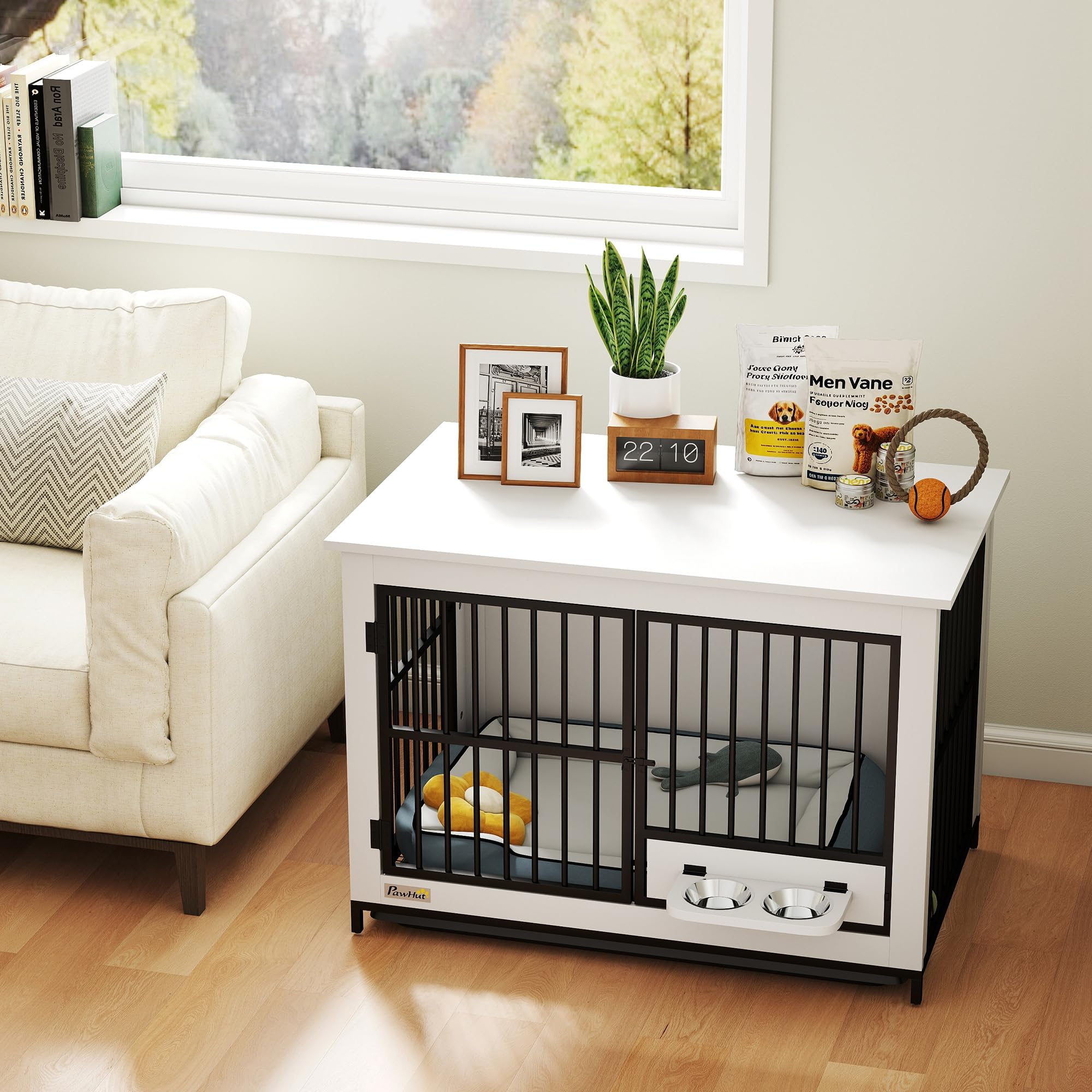 PawHut Hundekäfig Hundebox für Zuhause Abschließbare Hundehütte Indoor mit drehbaren Näpfen, herausnehmbarer Schale für kleine/mittlere/große Hunde Weiß 95 x 60 x 68,5 cm
