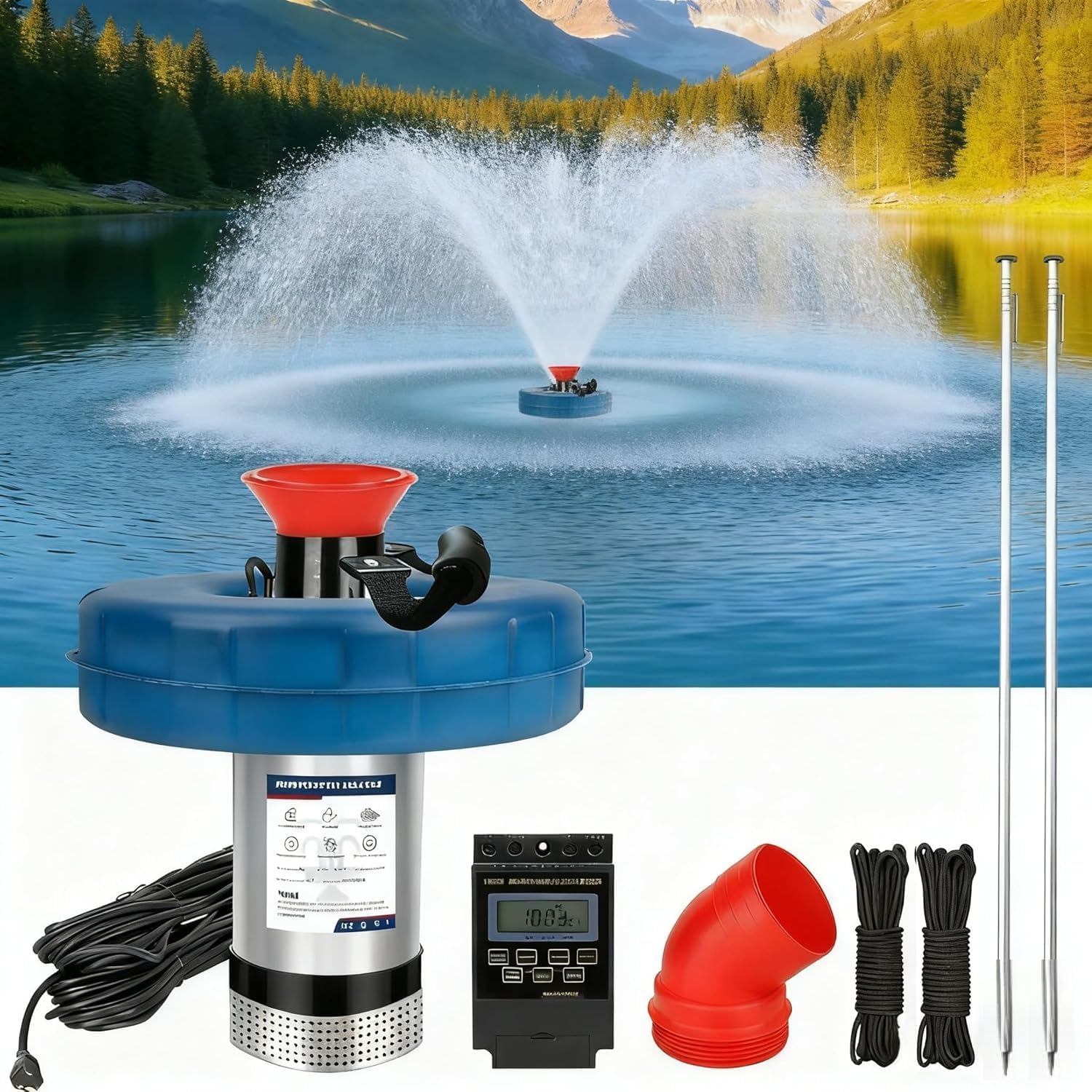 Pond Fountain Aerator 1 HP 15,000 GPH Fountain Pump with Timer 15A/110V 100-foot Power Cord 33x2Ft Traction Rope High-efficiency energy-saving water circulation system for ponds and lakes