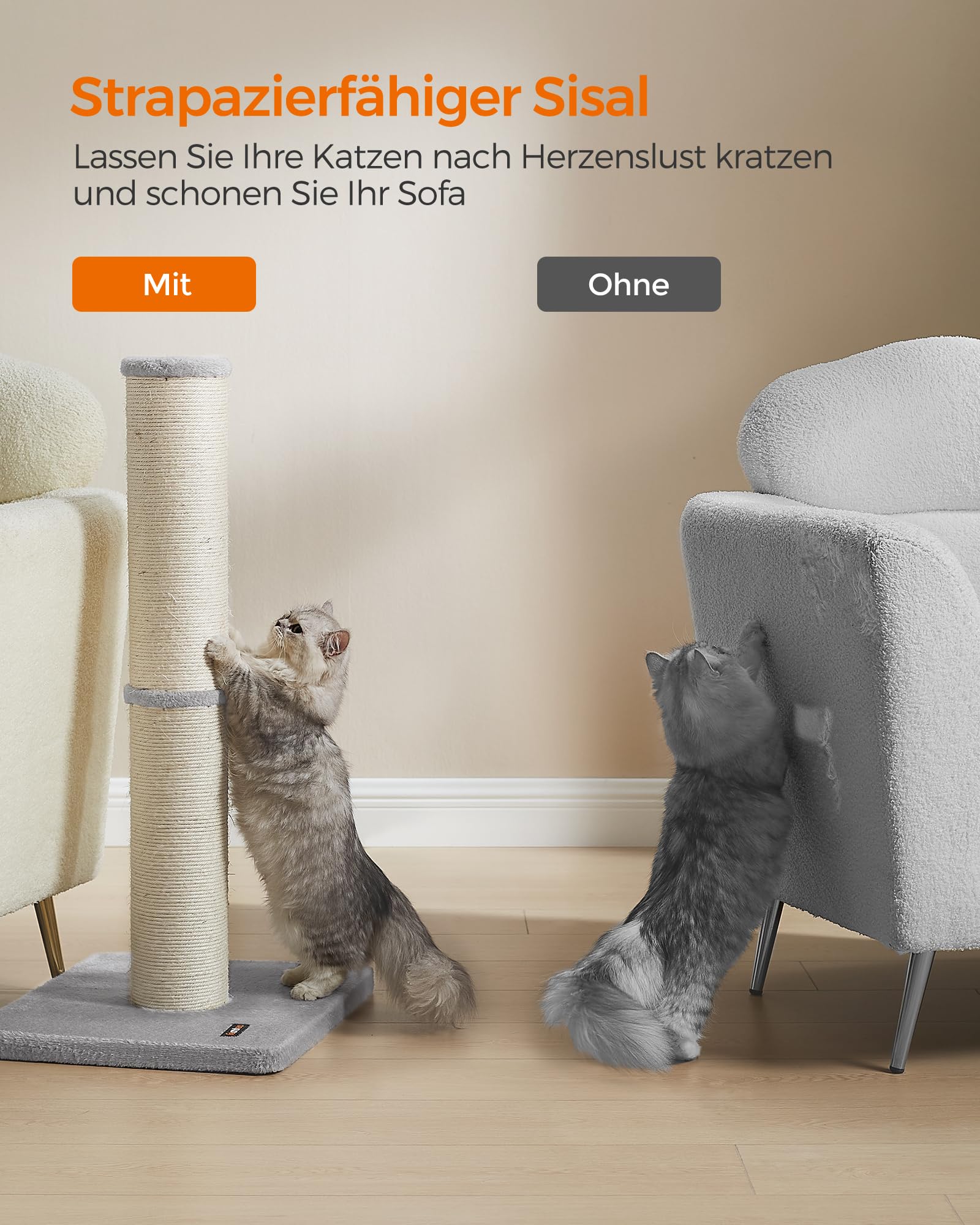 Feandrea Kratzbaum, 85 cm hoch, Kratzsäule XL, 13 cm Dicker Stamm, Katzenbaum, Kratzstamm für mittelgroße und große Katzen, Sisalstamm, mit Plüschball und Glocke, Taubengrau PCA041G01