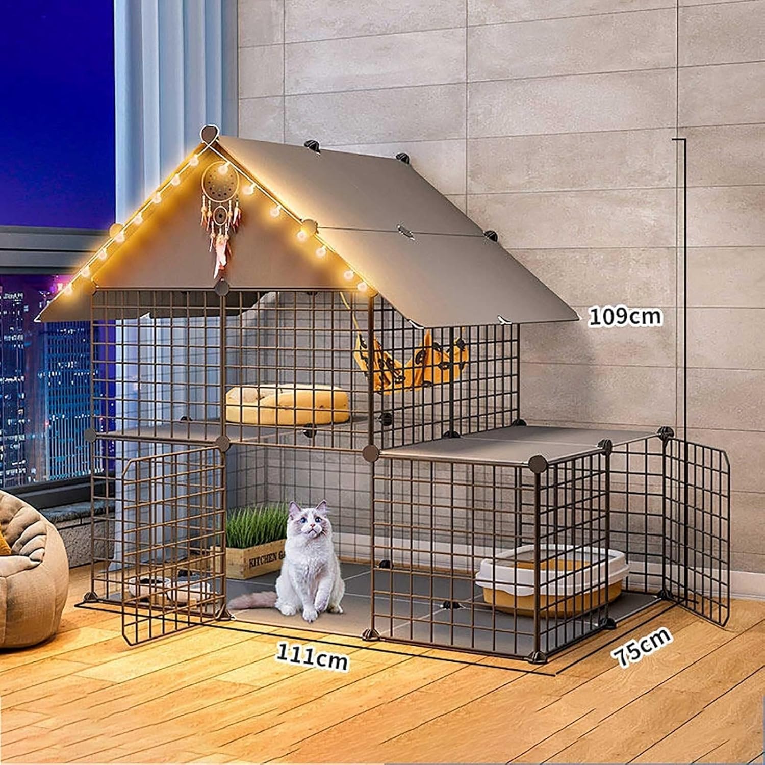 2-Tier Indoor Cat Cage Playpen, DIY Metal Cat Enclosure with Spacious Room for Small Pets, Puppies, Ferrets(Black,111x75x109cm)